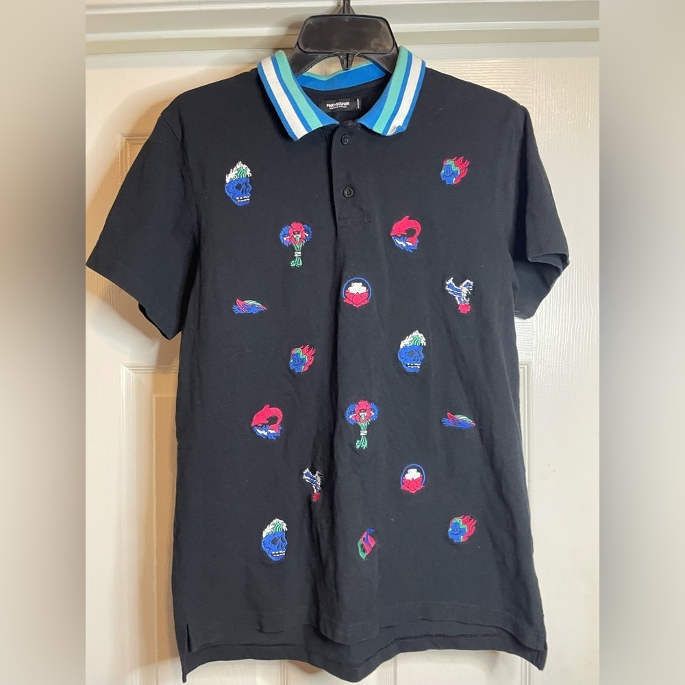Pink Dolphin Black and Blue Polo Shirt with Playful Pattern Medium